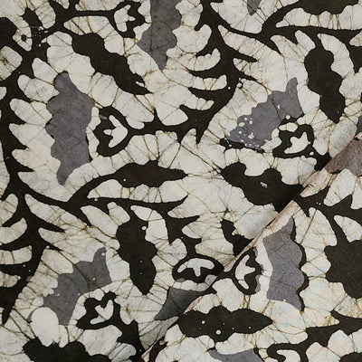 Pure Cotton  Moum Batik Black With Grey Jungle Leaves Jaal Hand Block Print Fabric