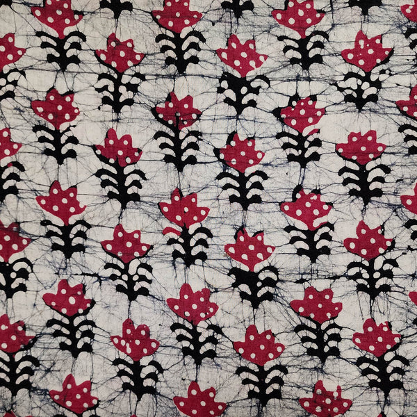 Pure Cotton  Moum Batik Black With Pink Flower Motif Hand Block Print Fabric