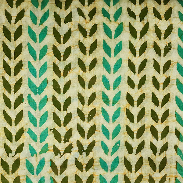 Pure Cotton  Moum Batik Dark Green With Yellow And Light Blue Leaves Creeper Hand Block Print Fabric