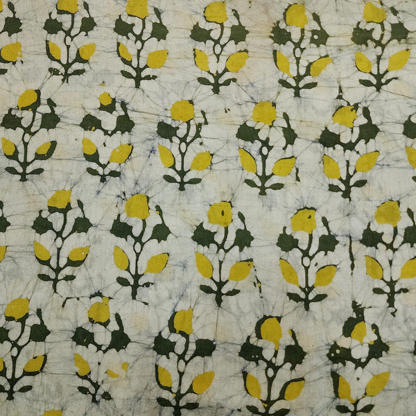 Pure Cotton  Moum Batik Dark Green With Yellow Flower Motif Hand Block Print Fabric