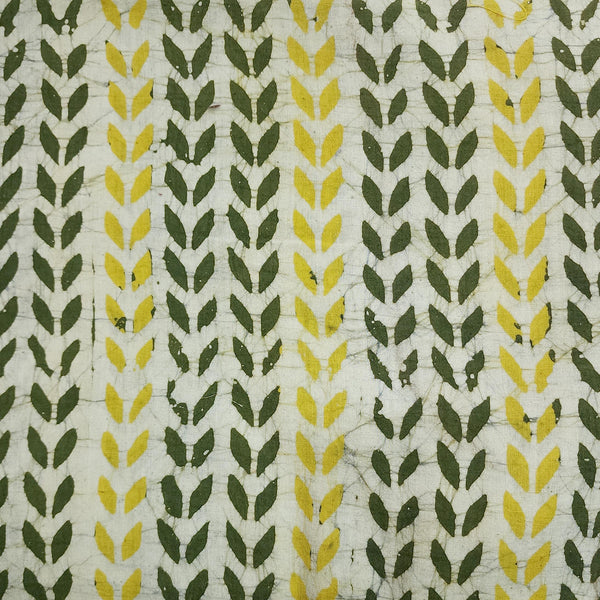 Pure Cotton  Moum Batik Dark Green With Yellow Leaves Creeper Hand Block Print Fabric