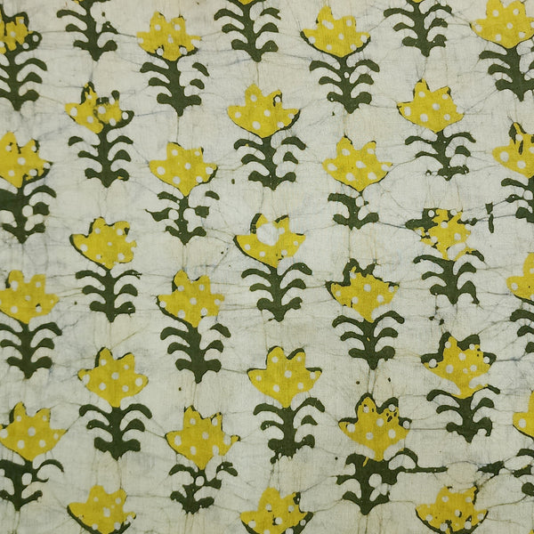 Pure Cotton  Moum Batik Lemon Yellow With Dark Green Flower Motif Hand Block Print Fabric