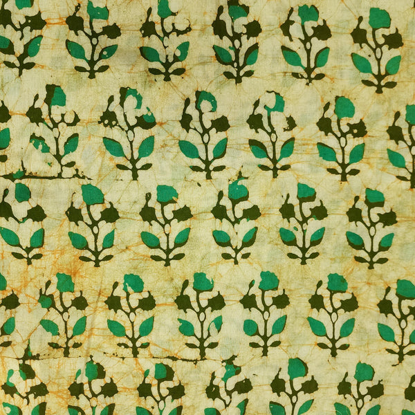 Pure Cotton  Moum Batik Lemon Yellow With Green Flower Motif Hand Block Print Fabric