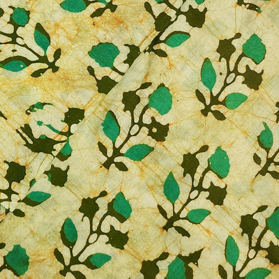 Pure Cotton  Moum Batik Lemon Yellow With Green Flower Motif Hand Block Print Fabric