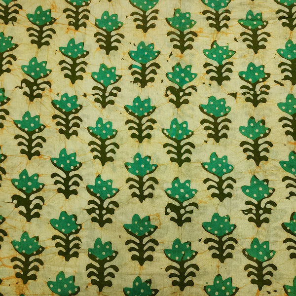 Pure Cotton  Moum Batik Lemon Yellow With Light Green Flower Motif Hand Block Print Fabric