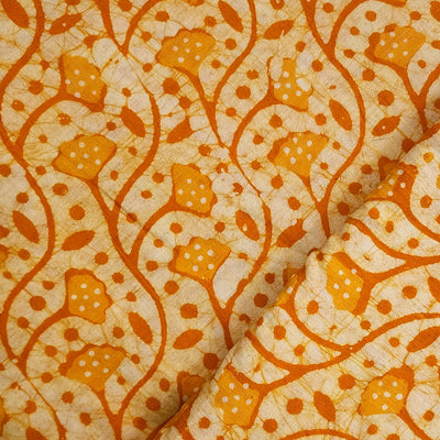 Pure Cotton Moum Batik Orange Flower  Buds Jaal Hand Block Print Fabric