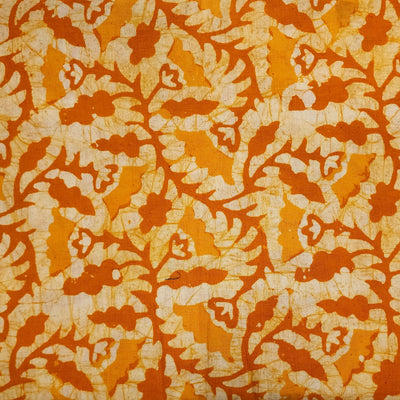 Pure Cotton  Moum Batik Orange With Light Orange Jungle Leaves Jaal Hand Block Print Fabric