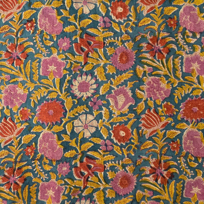 Pure Cotton Mul Jaipuri Blue With Red And Pink Flower Jaal Hand Block Print Fabric