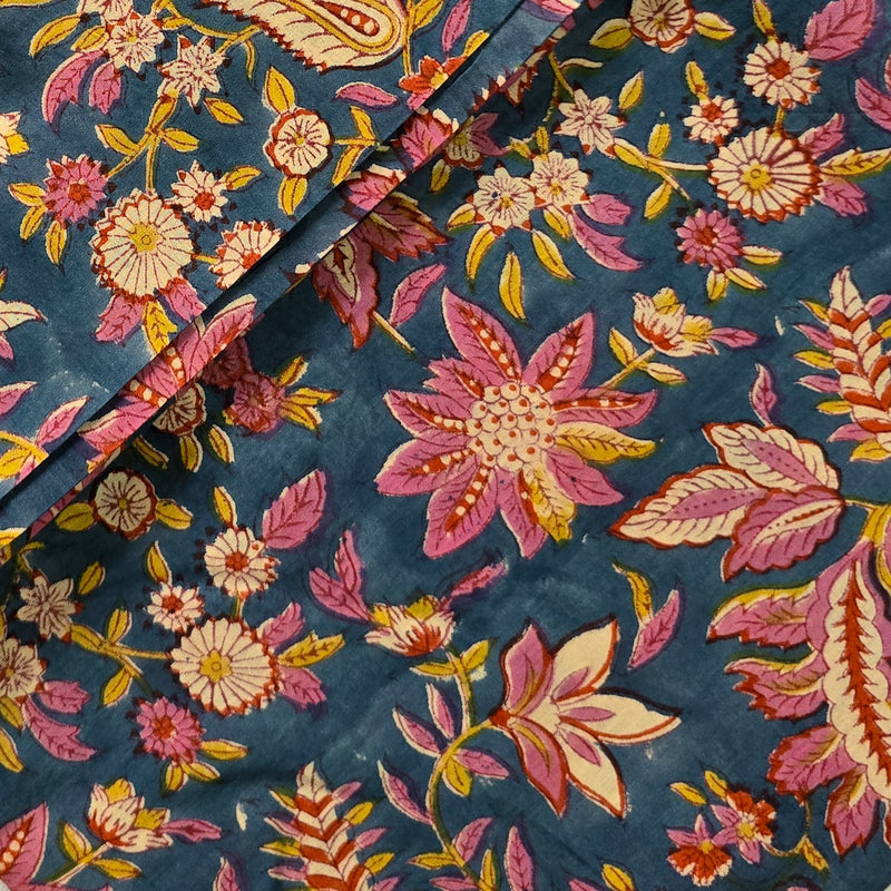 Pure Cotton Mul Jaipuri Blue With Pink And Mustard Flower Jaal Hand Block Print Fabric