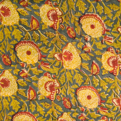 Pure Cotton Mul Jaipuri Grey With Red And Mustard Wild Flower Jaal Hand Block Print Fabric