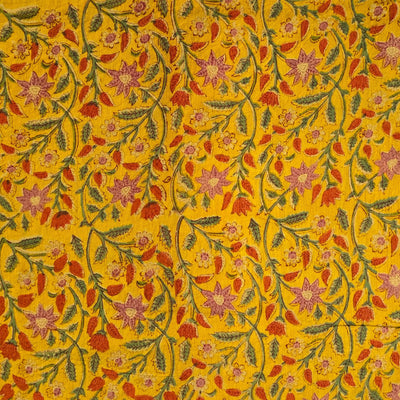 Pure Cotton Mul Jaipuri Mustard With Orange And Green Small Flower Jaal Hand Block Print Fabric