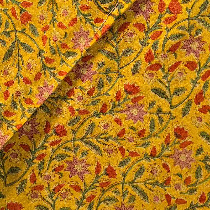 Pure Cotton Mul Jaipuri Mustard With Orange And Green Small Flower Jaal Hand Block Print Fabric