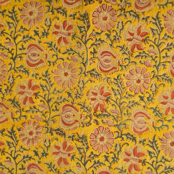 Pure Cotton Mul Jaipuri Mustard With Orange And Pink Flower Jaal Hand Block Print Fabric