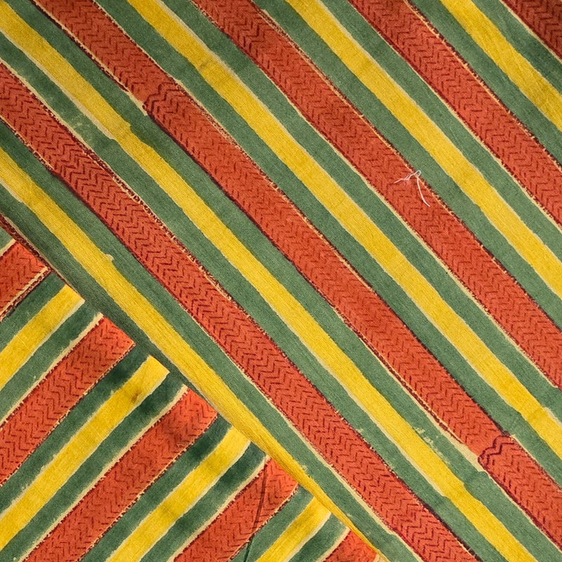 Pure Cotton Mul Jaipuri Mustard With Orange And Yellow Stripes Border Hand Block Print Fabric
