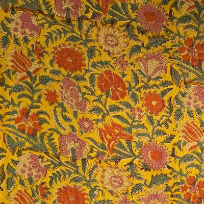 Pure Cotton Mul Jaipuri Mustard With Orange Flower Jaal Hand Block Print Fabric