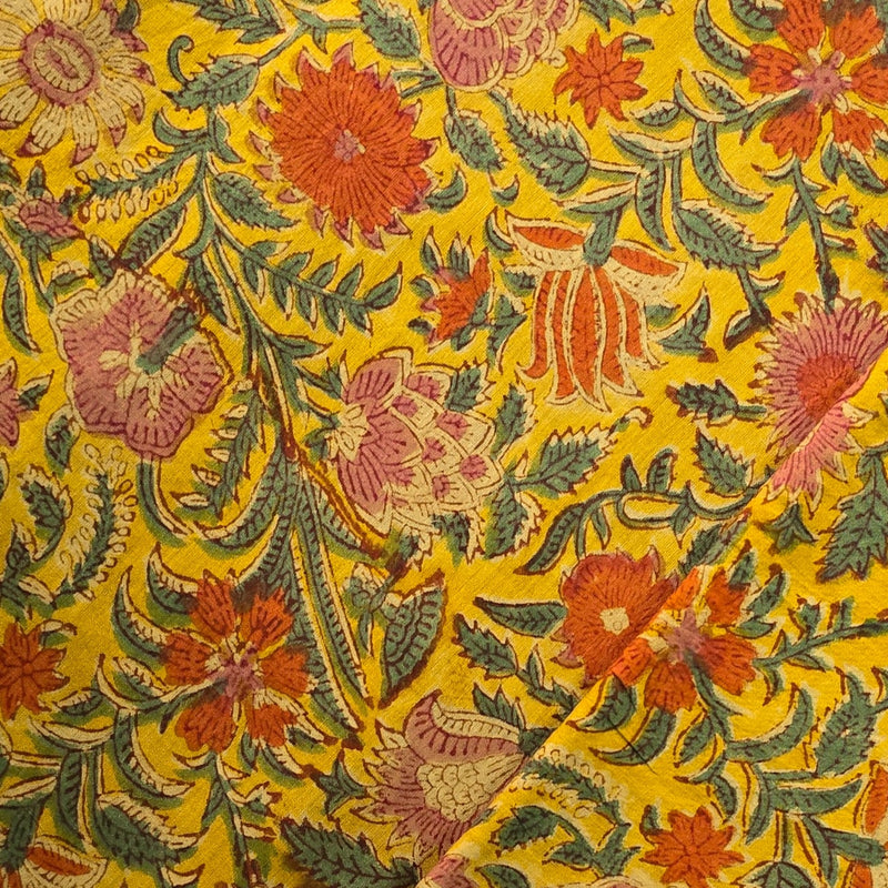 Pure Cotton Mul Jaipuri Mustard With Orange Flower Jaal Hand Block Print Fabric