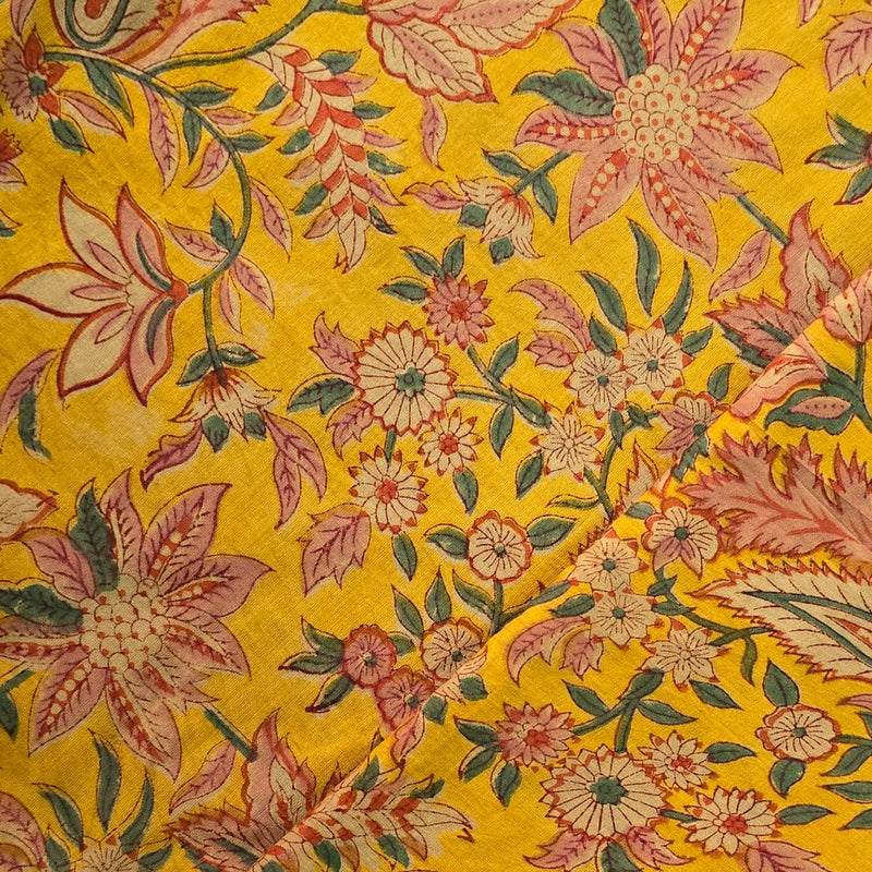 Pure Cotton Mul Jaipuri Mustard With Pink Jungle Flower Jaal Hand Block Print Fabric