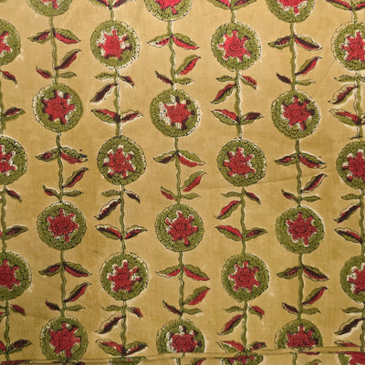 Pure CottonJaipuri Mustard With Red And Green Flower Creeper Hand Block Print Fabric