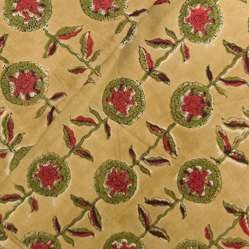 Pure CottonJaipuri Mustard With Red And Green Flower Creeper Hand Block Print Fabric