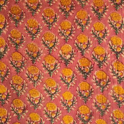 Pure Cotton Mul Jaipuri Pink With Orange Flower Motif Hand Block Print Fabric