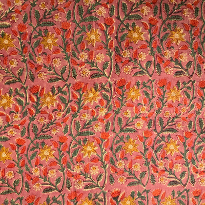 Pure Cotton Mul Jaipuri Pink With Yellow Flower Creeper Hand Block Print Fabric