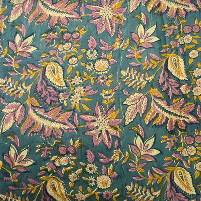 Pure Cotton Mul Jaipuri Rust Blue With Jungle Flower Jaal Hand Block Print Fabric