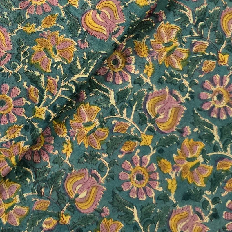 Pure Cotton Mul Jaipuri Rust Blue With Mustard And Pink Jungle Flower Jaal Hand Block Print Fabric
