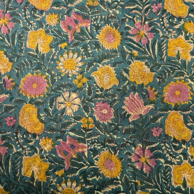 Pure Cotton Mul Jaipuri Rust Blue With Yellow And Pink Flower Jaal Hand Block Print Fabric