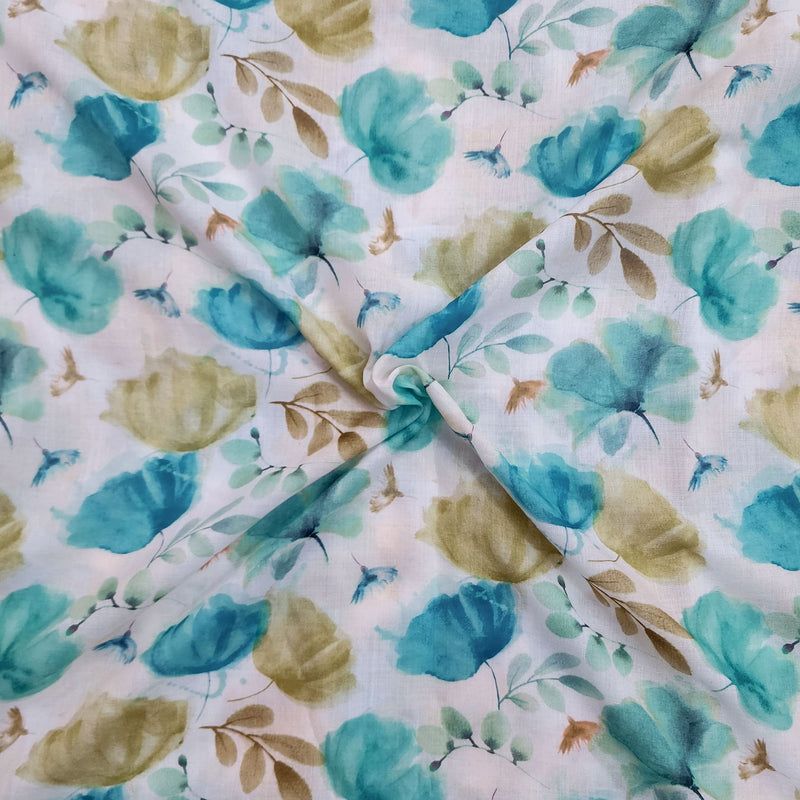 Pure Cotton Mul White With Teal Blue And Green Tulips Screen Print Fabric
