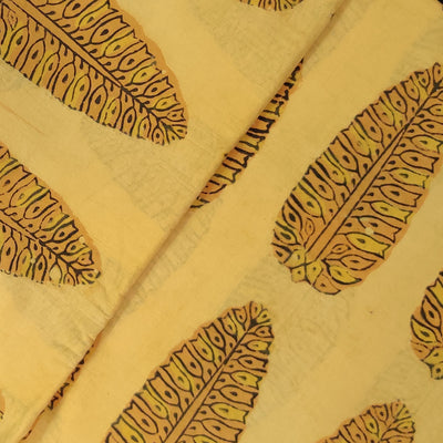 (Pre-Cut 2.10 Meter )Pure Cotton Mustard Vanaspati With Corn Ajrak Motifs Hand Block Print Fabric