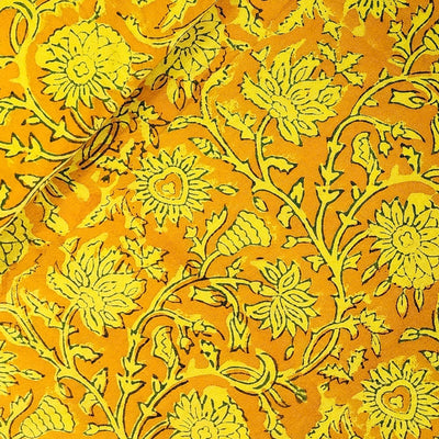 Pure Cotton Mustard With Yellow And Green Intricate Wild Flower Jaal Hand Block Print Fabric