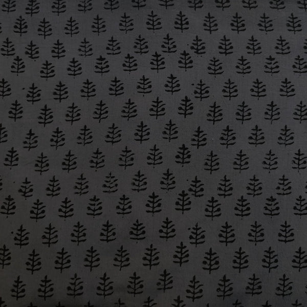 ( Pre-Cut 1.45 Meter ) Pure Cotton Napthol Discharge Grey With Black Plant Motifs Hand Block Print Fabric