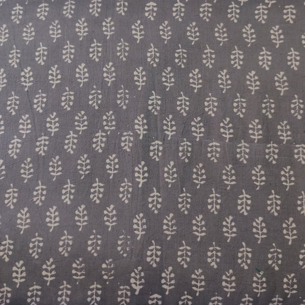 pre-cut 1 meter Pure Cotton Napthol Discharge Grey With Cream Plant Motifs Hand Block Print Fabric