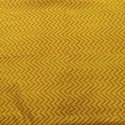 ( Pre-Cut 2.40 Meter ) Pure Cotton Napthol Discharge Yellow With Mango Zig Zag Hand Block Print Fabric