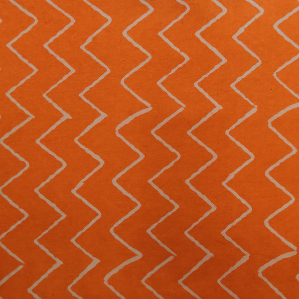 PRE-CUT 1.80 METER Pure Cotton Orange Discharge With Big Cream Zig Zag Hand Block Print Fabric