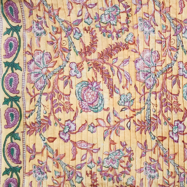 ( Pre-Cut 1.55 Meter ) Pure Cotton Pintucks Jaipuri Yellow With Peach  With Purple Floral  Fruit  Jaal Hand Block Print Fabric