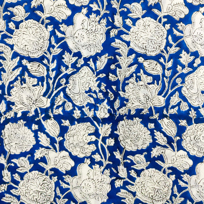 ( Pre-Cut 1.35 Meter ) Pure Jaipuri Cotton Blue With White Flower Jaal Hand Block Print Fabric