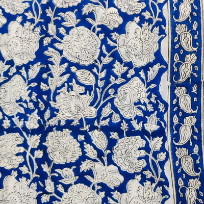 ( Pre-Cut 1.35 Meter ) Pure Jaipuri Cotton Blue With White Flower Jaal Hand Block Print Fabric