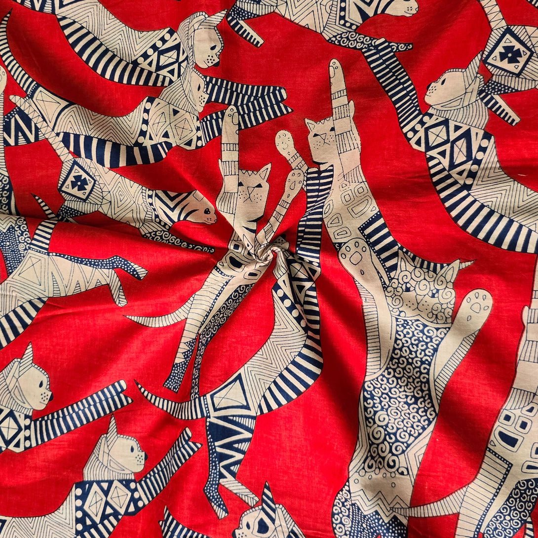 Pure Cotton Red Orange With Egyptian Cat Screen Print Fabric – Sanskruti
