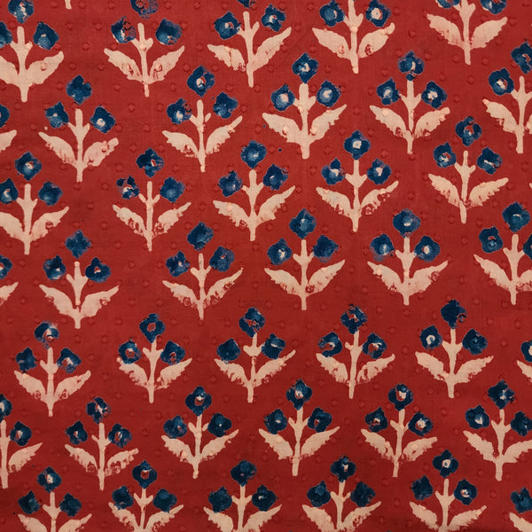 ( Pre-Cut 0.80 Meter ) Pure Cotton Rust Discharge With Cream Blue Grass Flowers Hand Block Print Fabric