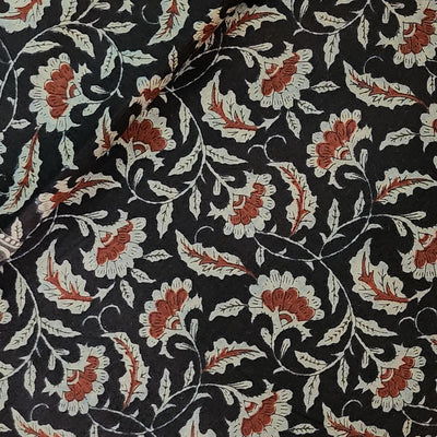 Pure Cotton Screen Print Black With Maroon And Grey Flower Jaal Print Fabric