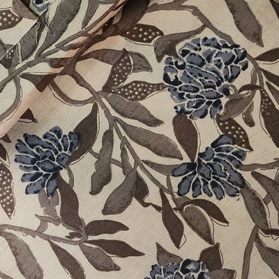 Pure Cotton Screen Print Grey With Blue Flower Jaal Design Print Fabric
