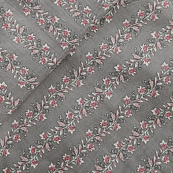 Pure Cotton Screen Print Grey With Tiny Flower Creeper Design Fabric ...