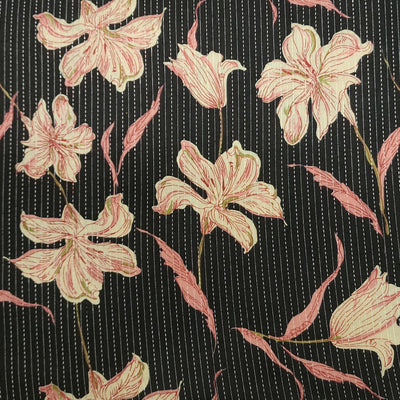 Pure Cotton Kaatha Dobi  Black With Pink Flower Jaal Design Printed Fabric