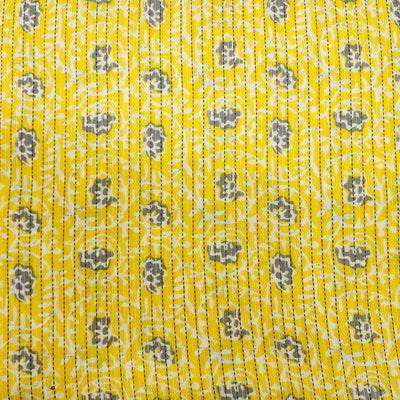 Pure Cotton Kaatha Dobi  Yellow With Grey Flower Jaal Design Print Fabric