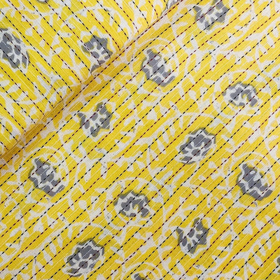 Pure Cotton Kaatha Dobi  Yellow With Grey Flower Jaal Design Print Fabric