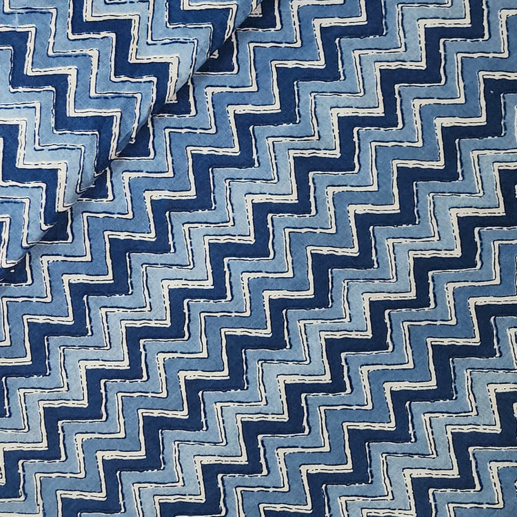 Pure Cotton Screen Print Shades Of Blue Zig-Zag Design Print Fabric ...
