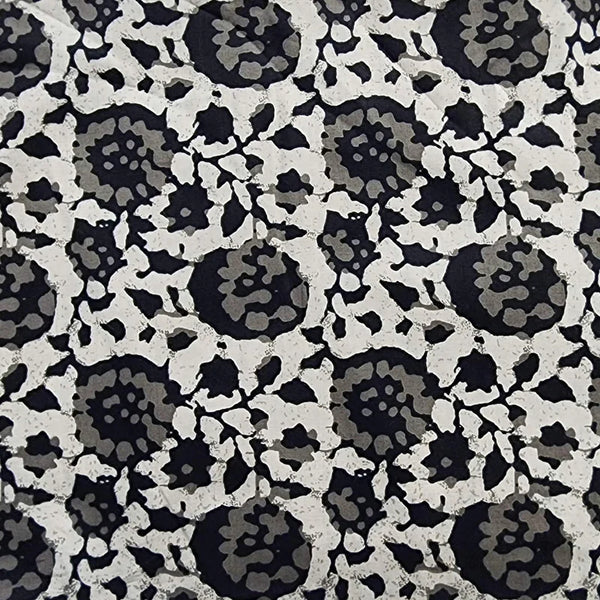 Pre-Cut 1.80 Meter Pure Cotton Screen Print White And Black Rose Flower Jaal Design Fabric
