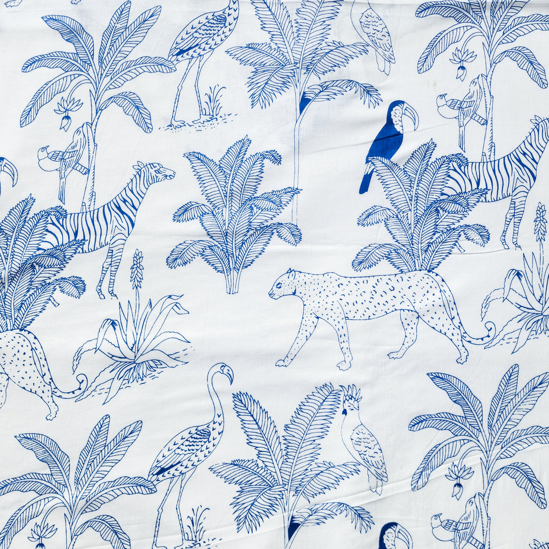 Pure Cotton Screen Print White With Blue Jungle Animals Fabric – Sanskruti