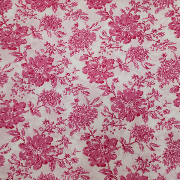 Pure Cotton Screen Print White With Pink Rose Flower Jaal Design Print Fabric